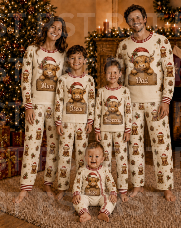 Christmas Highland Cow Pyjamas (Family sizes) - Made to Order due Mid-November